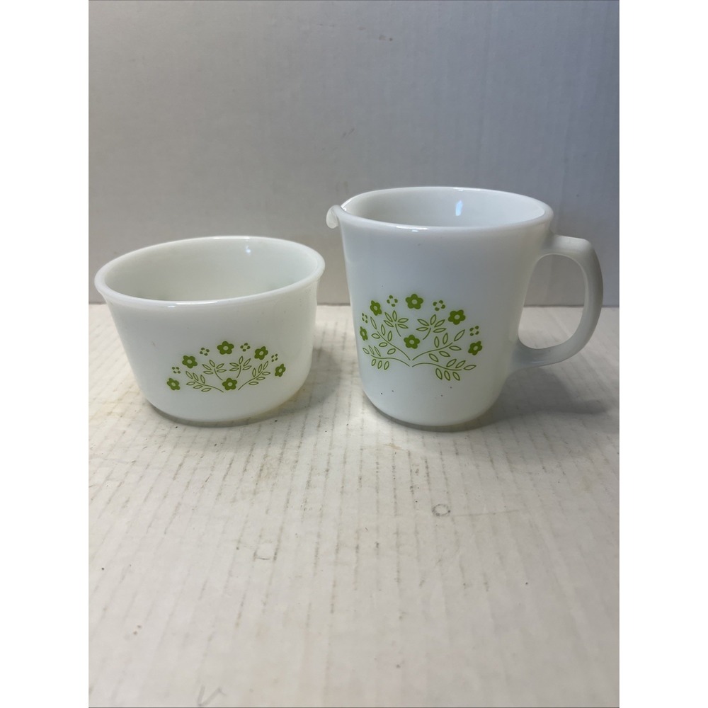 Pyrex Corning "Summer Impressions" Honeydew Green Milk Glass Sugar And Creamer